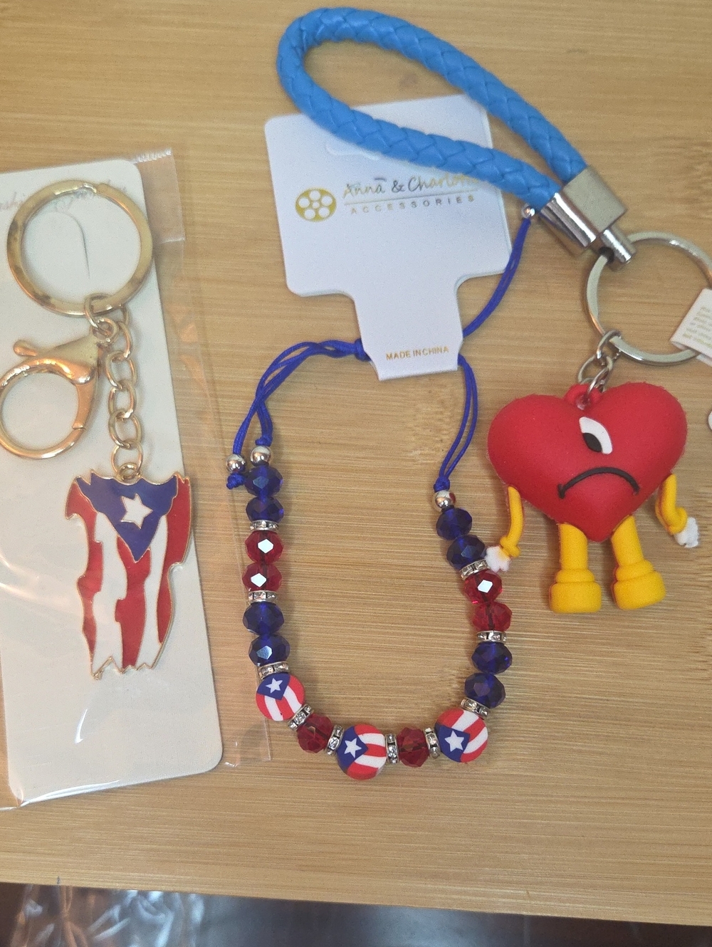 Puerto Rican Flag, bracelet and BB Red Heart Bag Charm Bundle #001
